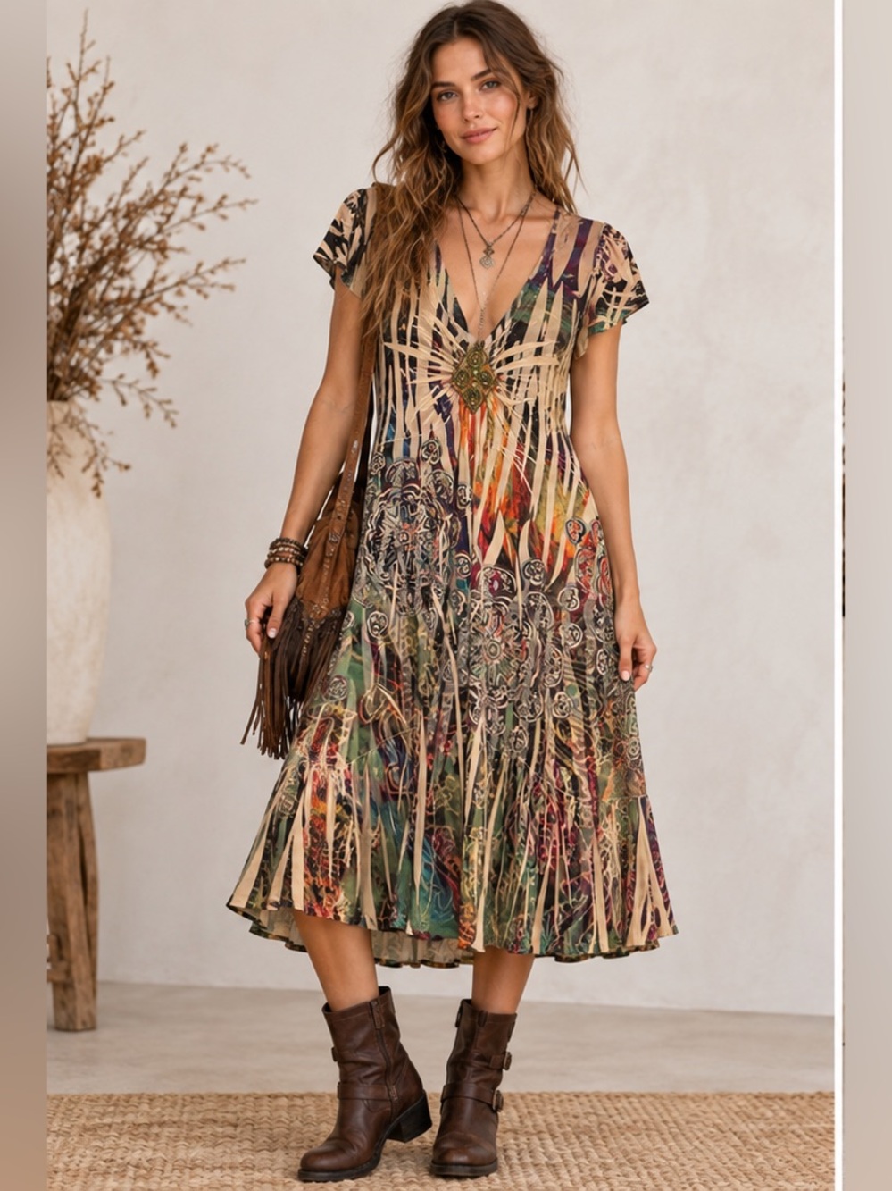 One world Y2K Bohemian Fairy Grunge Wimsigoth Earthy Beaded Midi Dress Medium